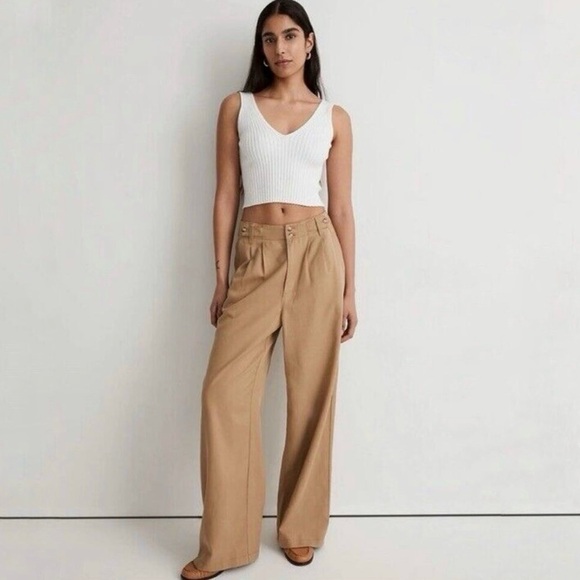 Madewell The Harlow Wide Leg Pants Tan Khaki Linen Blend NG521 Women’s Size 12 - Picture 1 of 13